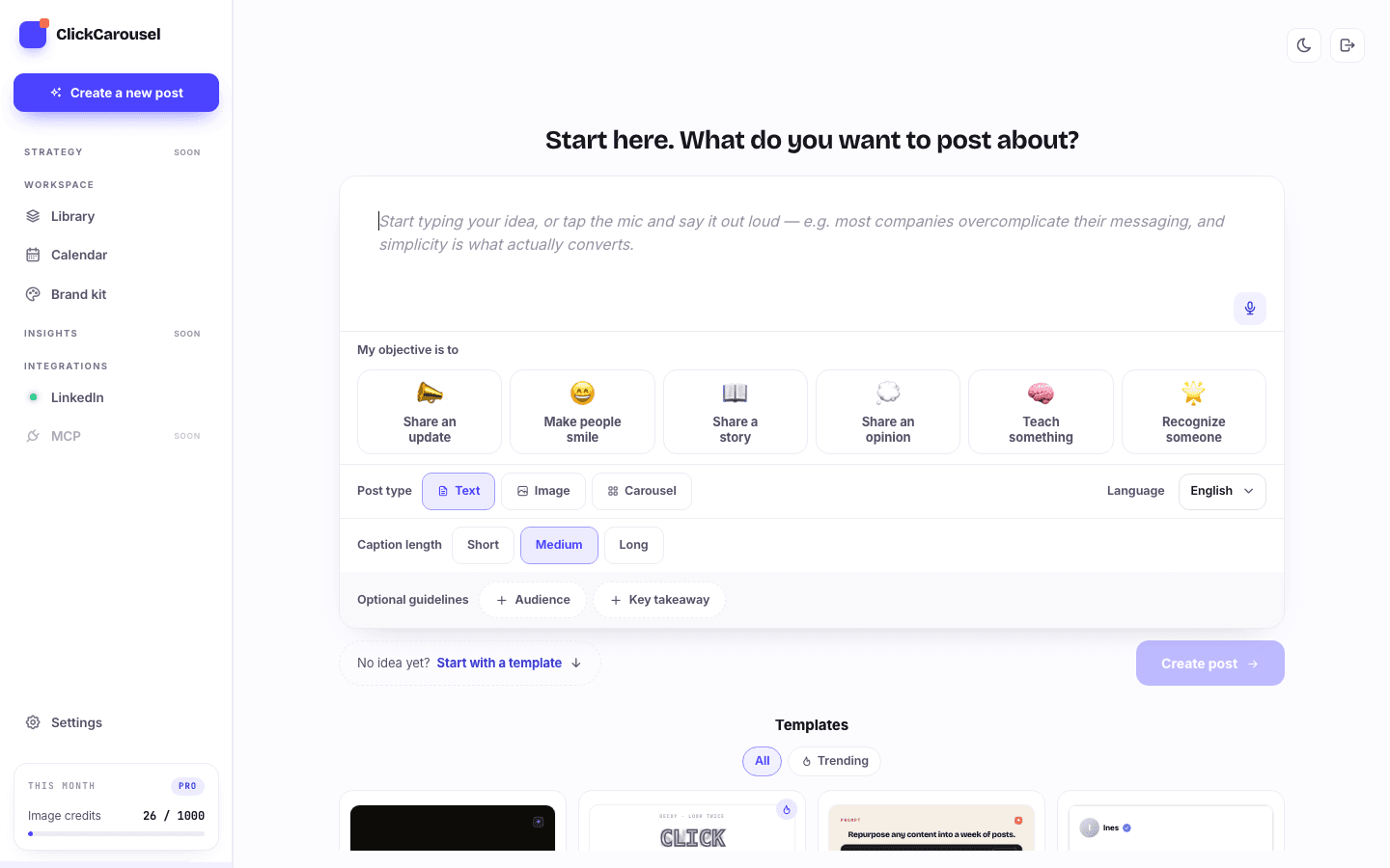 The ClickCarousel compose screen, asking what you want to post about